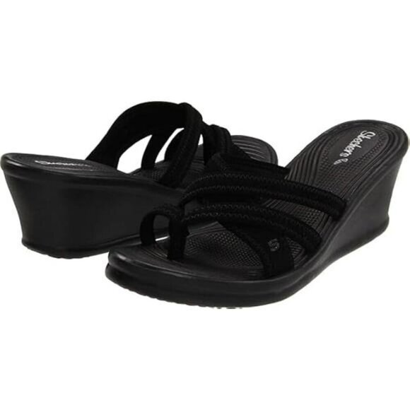 Womens black wedge sandals open toe slip on platform summer dressy shoes - Picture 4 of 5